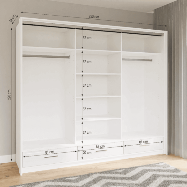 255cm Marsylia High Gloss Mirror Sliding Door Wardrobe - Image 4