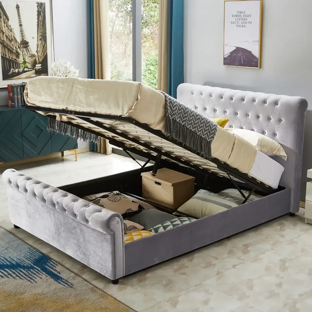 Plush Velvet Sleigh Storage Bed