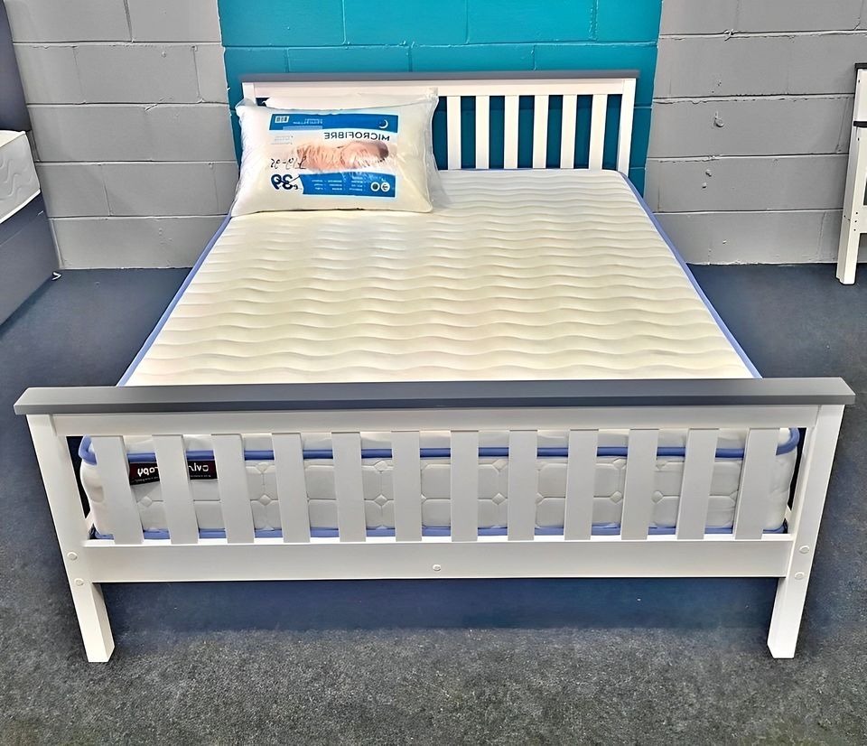 Double White Wooden Bed Frame with optional Mattress